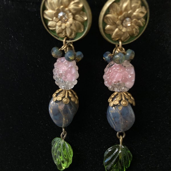 Drop earrings, vintage Napier pink glass bumpy beads, Czech milky blue glass twist beads, vtg glass leaves, filigree brass bead caps, 2.75"