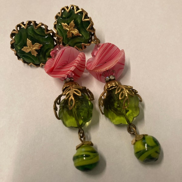 Drop earrings, vintage green buttons, vtg pink stripe curved beads, vtg leaf bead caps, glass green swirl head pins, vtg green glass flowers