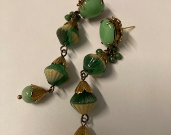 Drop earrings, vintage jadeite green oval glass cabochons, vtg fluted brass bead caps, Czech fluted 2-tone glass bicone beads, 2.65" long