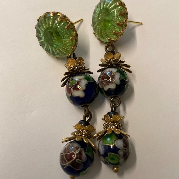 Drop earrings, vintage green glass buttons, vtg floral cloisonné beads, vtg floral metal spacers,  tiny petal brass flowers, crown settings