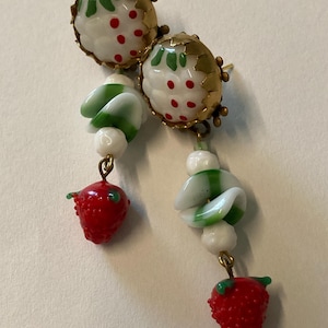 Drop earrings, vintage glass raspberry buttons, vtg Czech curved green/wht glass beads, vtg brass sawtooth settings, vtg glass strawberries