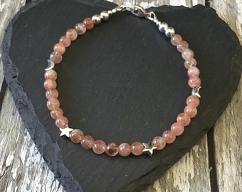 Sunstone and Silver Moon and Stars Friendship Bracelet, Delicate Celestial Orange Gemstone Jewellery, Sacral Chakra Boho Festival Jewellery