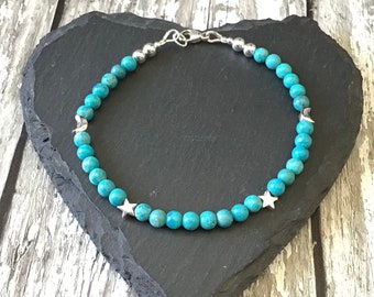 Sleeping Beauty Turquoise Celestial Bracelet with Silver Crescent Moon and Stars