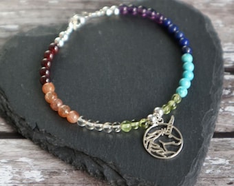 Chakra Gemstone Friendship Bracelet with Sterling Silver Unicorn Charm,  Rainbow Crystal beaded Jewellery, Hippie Summer Festival Style