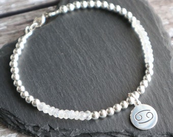 Cancer Birthstone Bracelet with Rainbow Moonstone or Ruby and Sterling Silver Zodiac Charm, Astrology Symbol Jewellery, July Birthday Gift