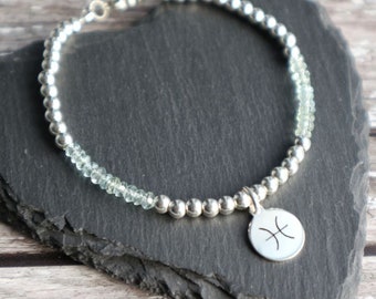 Pisces Birthstone Bracelet with Aquamarine and Sterling Silver Zodiac Charm, Astrology Symbol Jewellery, March Birthday Gift