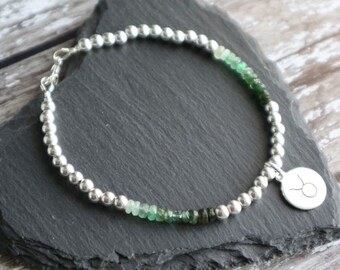 Taurus Birthstone Bracelet with Ombre Emerald and Sterling Silver Zodiac Charm, Astrology Symbol Jewellery, May Birthday Gift