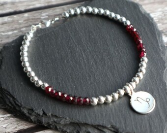 Capricorn Birthstone Bracelet with Garnet and Sterling Silver Zodiac Charm, Astrology Symbol Jewellery, January Birthday Gift
