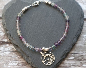 Rainbow Fluorite Friendship Bracelet with Sterling Silver Unicorn Charm, Hippie Summer Festival Style jewellery