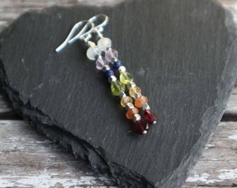 Chakra Rainbow Gemstone Long Drop Earrings, Summer Festival Boho Jewellery, Yoga Gift