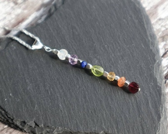 Chakra Rainbow Multi Gemstone Long Slim Pendant with Sterling Silver