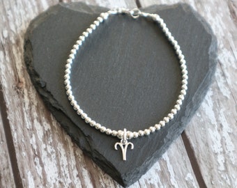 Aries Zodiac charm Sterling Silver ball bracelet, Minimalist Astrology symbol jewellery, Celestial Birthday Gift