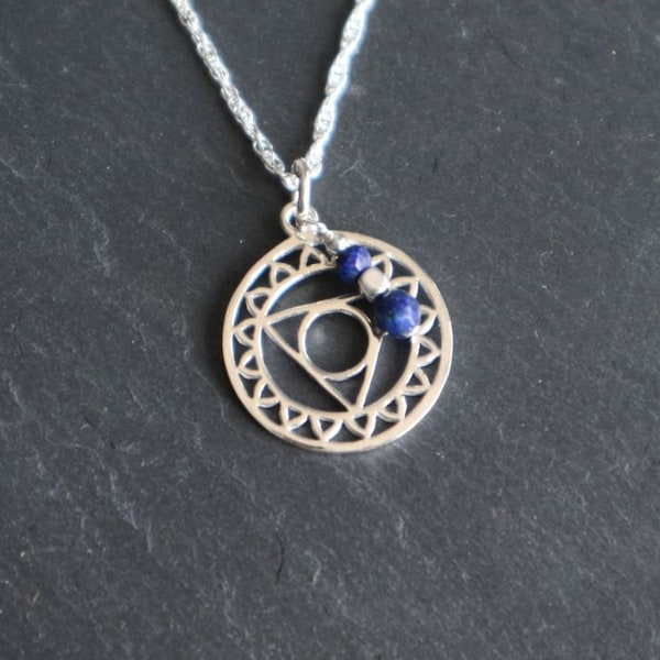 Throat Chakra Vishuddha Silver Pendant with Lapis Lazuli, Chakra symbol Jewellery, September Birthstone Charm Necklace, Yoga Gift
