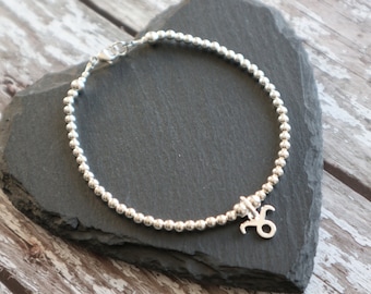 Taurus Zodiac charm Sterling Silver ball bracelet, Celestial Birthday Gift,  Minimalist Astrology symbol jewellery