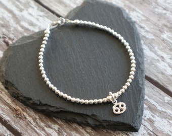 Cancer Zodiac charm Sterling Silver ball bracelet, Star Sign Birthday Gift,  Minimalist Astrology symbol jewellery