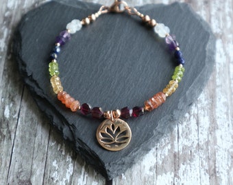 Chakra Rainbow Gemstone Bracelet with Rose Gold Vermeil Lotus Charm, Summer Festival Boho Jewellery, Yoga Gift