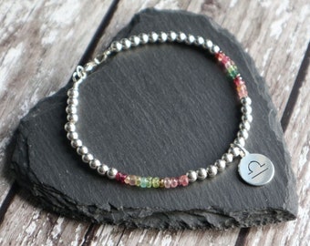 Libra Birthstone Bracelet with Tourmaline and Sterling Silver Zodiac Charm, Astrology Symbol Jewellery, October Birthday Gift