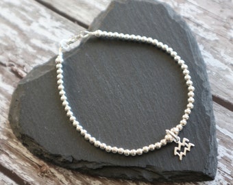 Aquarius Zodiac charm Sterling Silver ball bracelet, Star Sign Birthday Gift,  Minimalist Astrology symbol jewellery