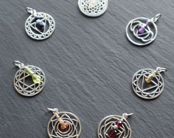 Sterling Silver Chakra Symbol Pendant with Gemstone Charm, Crystal Layering Jewellery, Meditation Mindfullness Yoga Gift