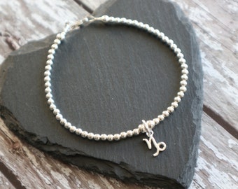 Capricorn Zodiac charm Sterling Silver ball bracelet, Star Sign Birthday Gift,  Minimalist Astrology symbol jewellery