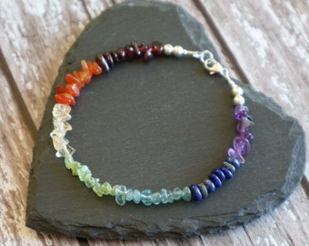 Chakra Rainbow Raw Gemstone Friendship Bracelet, Boho Summer Festival Yoga Gift