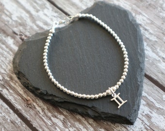 Gemini Zodiac charm Sterling Silver ball bracelet, Star Sign Birthday Gift,  Minimalist Astrology symbol jewellery