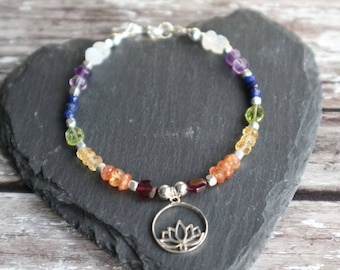 Chakra Rainbow Multi Gemstone Bracelet with Sterling Silver Lotus Charm