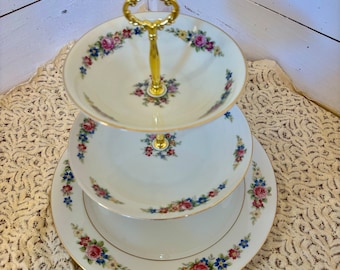 Supporto per servire dolci in stile inglese con 3 ripiani e motivo floreale vintage