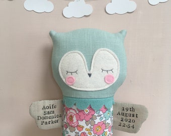 PERSONALISED OWL Liberty fabric Baby Children’s Handmade Soft toy Cushion