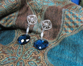 Fine 999 silver filigree crystal blue earrings