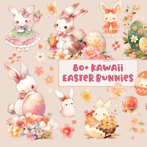 83 Kawaii Osterhasen Clipart plus viele dekorative Eier und Blumen für Ihre eigene Kompositionen, PNGs in Anime Boho Aquarell Stil