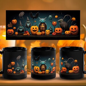 Crazy Halloween Mug with weird and funny surreal Halloween creatures and pumpkins
