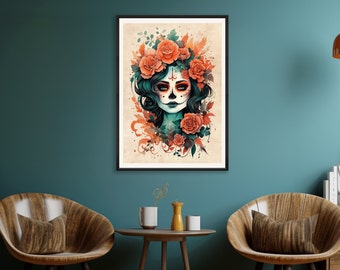 Beautiful Sugarskull Girl Poster in Boho Watercolor Style for your enchanting Autumn and Halloween Decoration