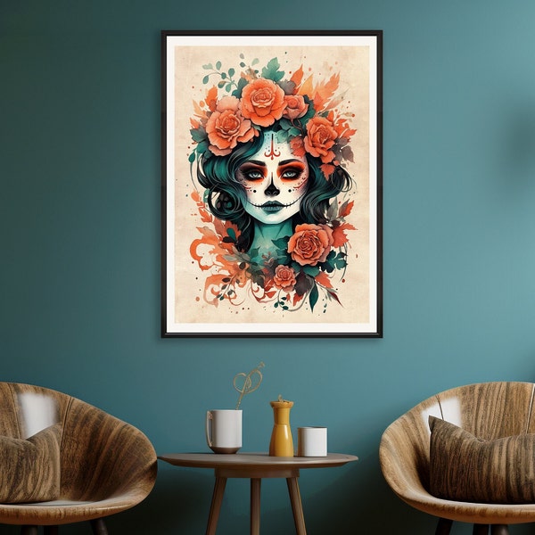 Wunderschönes Sugarskull Girl Poster im Boho Aquarell Stil für deine zauberhafte Herbst und Halloween Dekoration