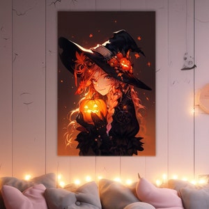 Sweet mysterious Anime Witch with Halloween Pumpkin Poster