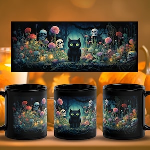 Romantic gothic Halloween Mug with a cute mysterious black cat in a bizarre surreal fantasy garden of flowers and skulls