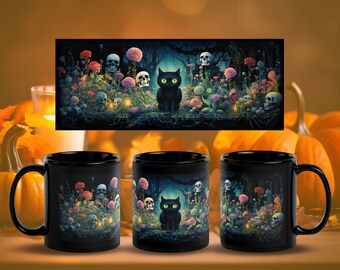 Romantic gothic Halloween Mug with a cute mysterious black cat in a bizarre surreal fantasy garden of flowers and skulls