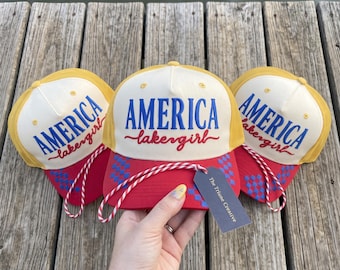 America Lake Girl Embroidery Design | Patriotic 4th of July Hat Pattern | Machine Embroidery Files PES DST 3 Sizes