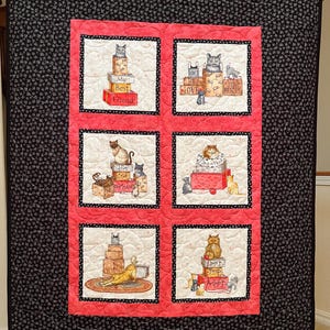 May include: A rectangular quilt featuring a black border with a white floral pattern and a central coral-colored panel. Six square blocks display illustrations of cats with boxes and text including My Best Friend, Don't Buy Love, Just Rescue, and Adopt.