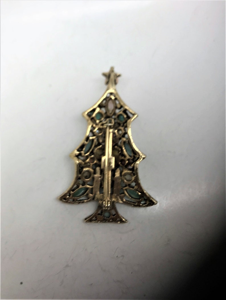 Pastel Pink and Blue Moonglow Cabochon and Faux Pearl Christmas Tree Pin
