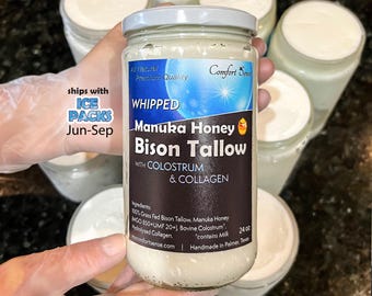 Manuka Honey & BISON Tallow with COLOSTRUM and COLLAGEN Whipped Tallow Cream with 850+Mgo Manuka Honey, Whipped Tallow, Grass fed fat