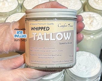 Whipped Tallow, Grass fed Beef Tallow Moisturizer, Vanilla Bean scented