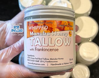 Beef Tallow with FRANKINCENSE and  Manuka Honey, All-Natural Whipped Tallow with 850+MGO Manuka Honey, Whole body moisturizer