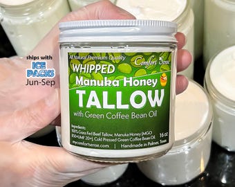 FACE and Full BODY Green Coffee Bean Beef Tallow with Manuka Honey & Beef Whipped Tallow Cream with 850+MGO Manuka Honey, Whipped Tallow