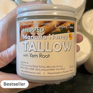 Beef Tallow with wild YAM ROOT and  Manuka Honey, All-Natural Whipped Tallow with 850+MGO Manuka Honey, Whole body moisturizer