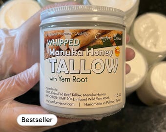 Beef Tallow with wild YAM ROOT and  Manuka Honey, All-Natural Whipped Tallow with 850+MGO Manuka Honey, Whole body moisturizer