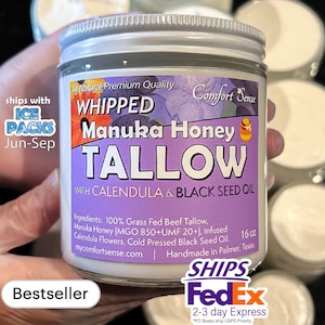 Beef Tallow with BLACKSEED Oil, CALENDULA & Manuka Honey, Whipped Tallow with 850+MGO Manuka Honey, Whole body moisturizer, Whipped Tallow