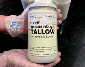 Chamomile and Aloe with Manuka Honey Tallow, All-Natural Whipped Tallow with 850+MGO Manuka Honey, Unscented Whipped Tallow