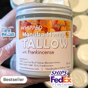 Beef Tallow with FRANKINCENSE and  Manuka Honey, All-Natural Whipped Tallow with 850+MGO Manuka Honey, Whole body moisturizer