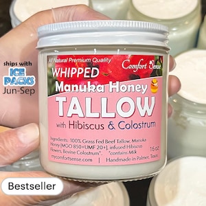 HIBISCUS COLOSTRUM Face and Whole Body Moisturizer Manuka Honey & Beef Tallow and Calendula 850+MGO Manuka Honey, Whipped Tallow